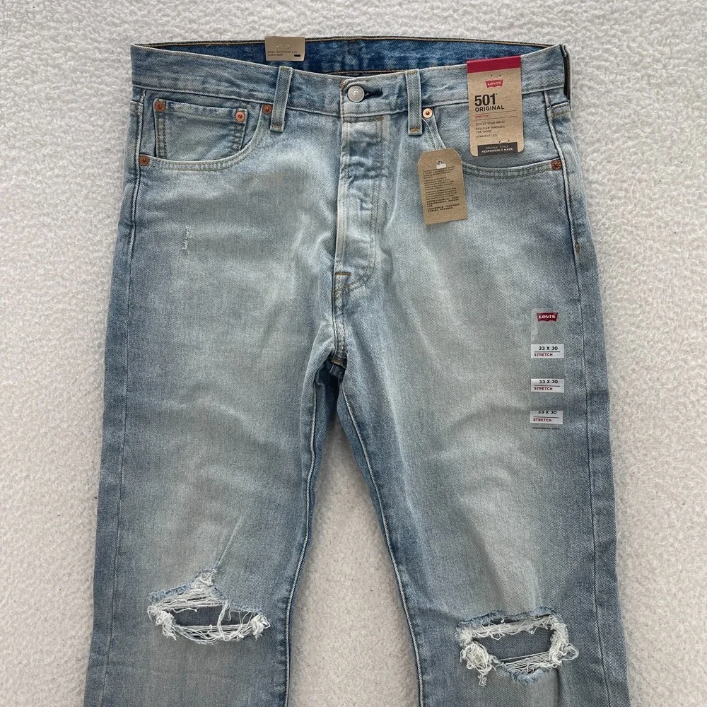 Levis 501 Jeans Mens 33x30 Blue Original Button Fly Distressed Denim Grunge Y2K